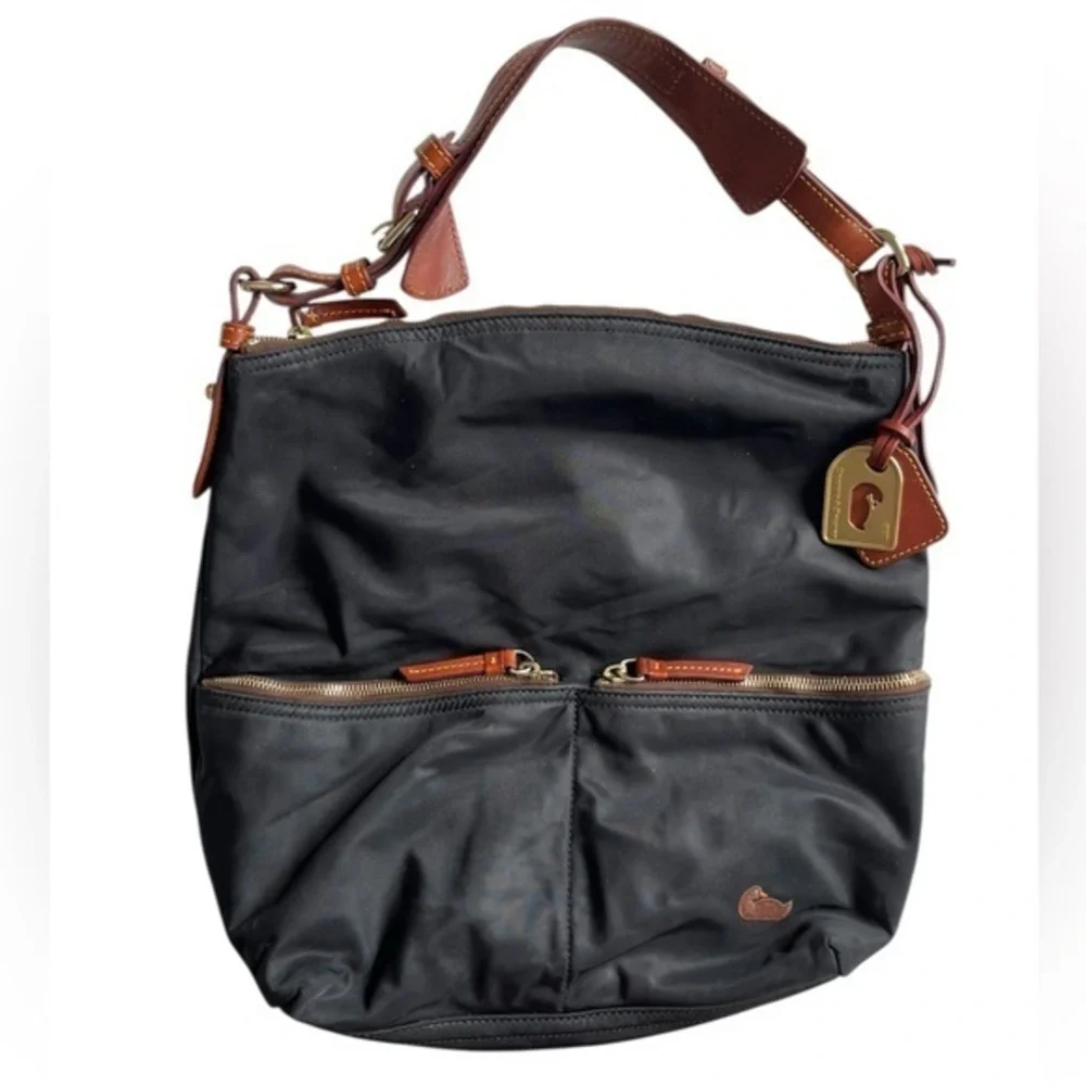 Dooney & Bourke Black Tote with Brown Leather and Gold Tag - Picture 1 of 13